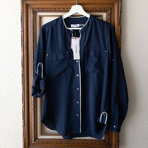 NWT Calvin Klein Blouse Size Large Navy Blue Button Front Roll Tab Sleeve Top